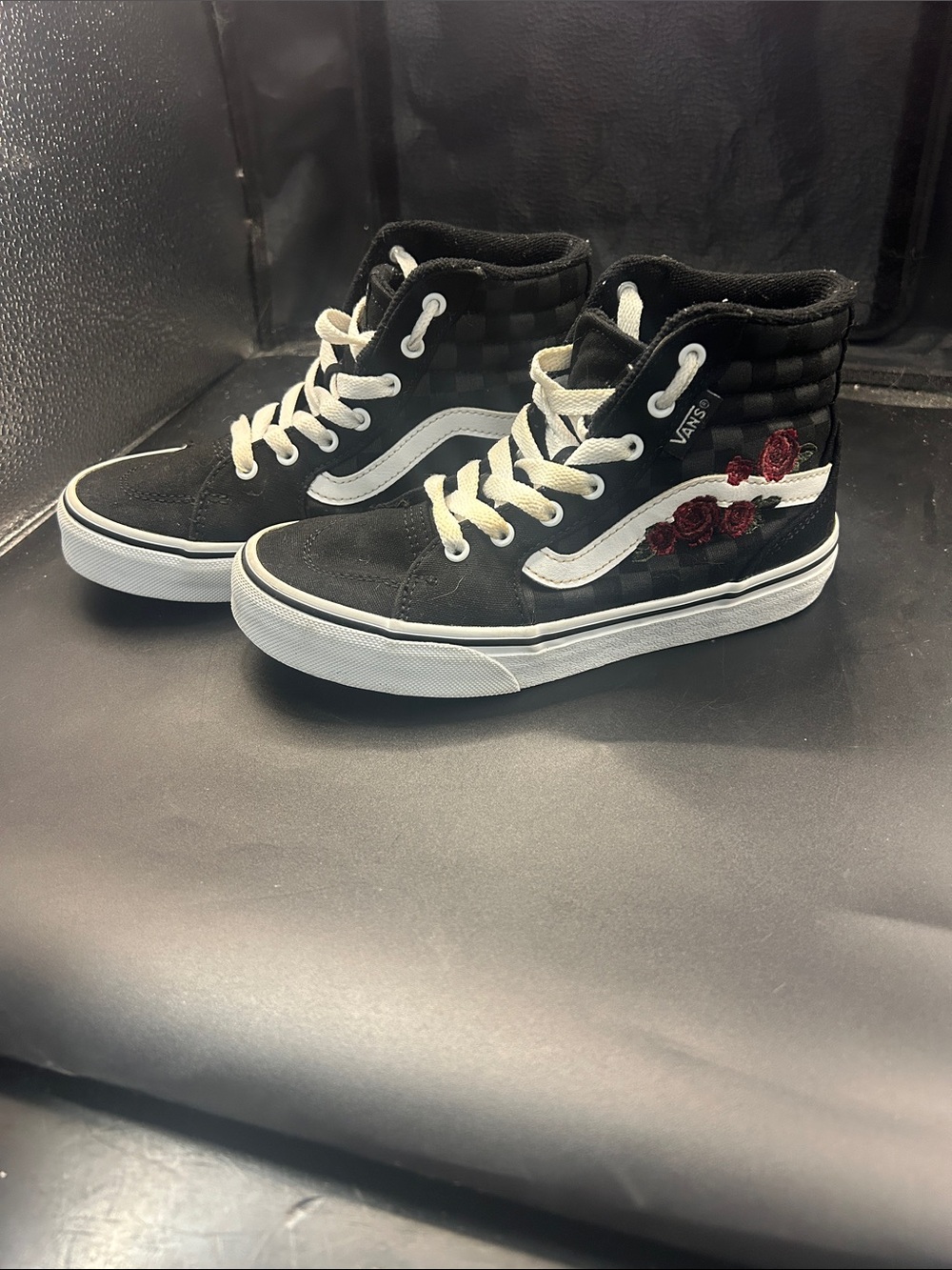 Vans Black High-Top Sneakers with White Stripe and Red Rose Embroidery